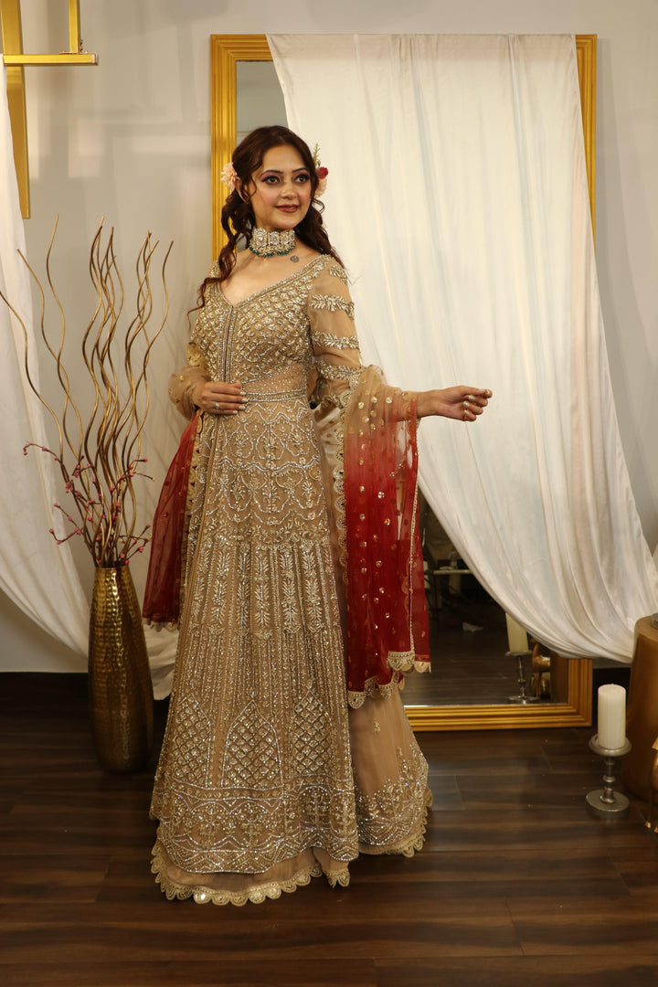 Golden zardozi hand embroidered Jacket set