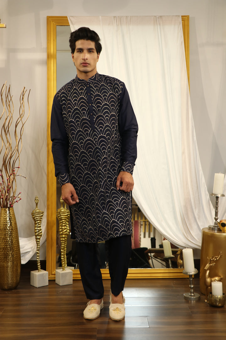 Blue Cotton Silk Kasab Embroidered Kurta Set