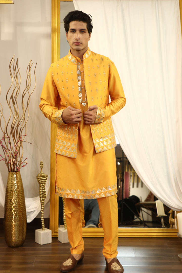 Yellow Cotton Silk Mirror Work Indo-western Set