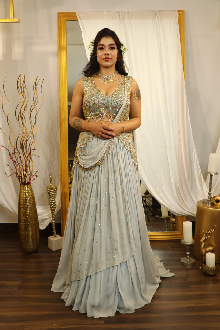 Grey Lehenga Style Drape Saree