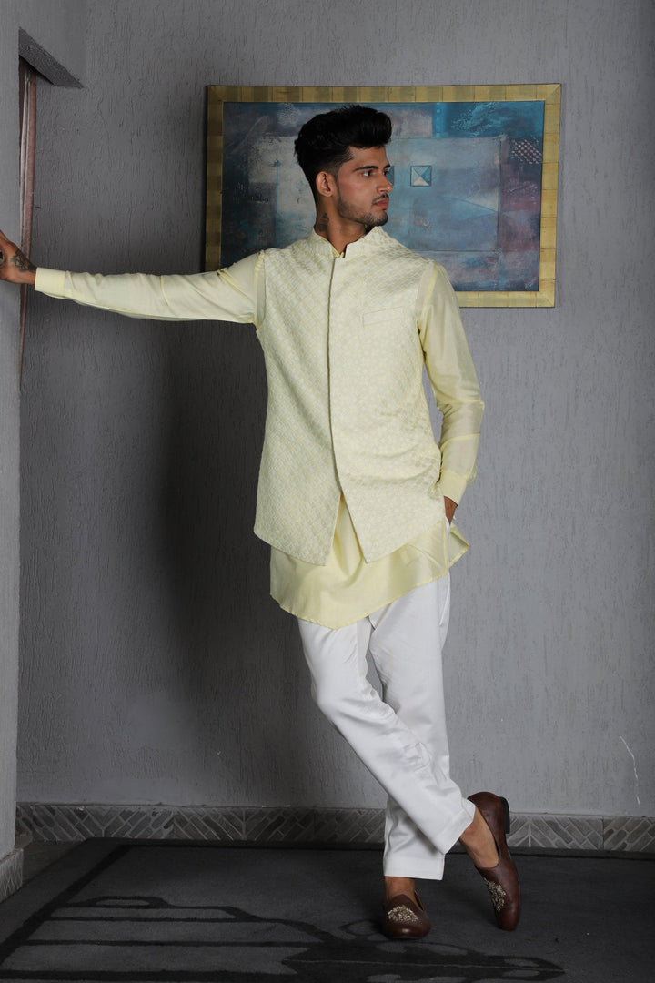 Lime Silk Thread Embroidered Nehru Jacket With Kurta Pajama Set