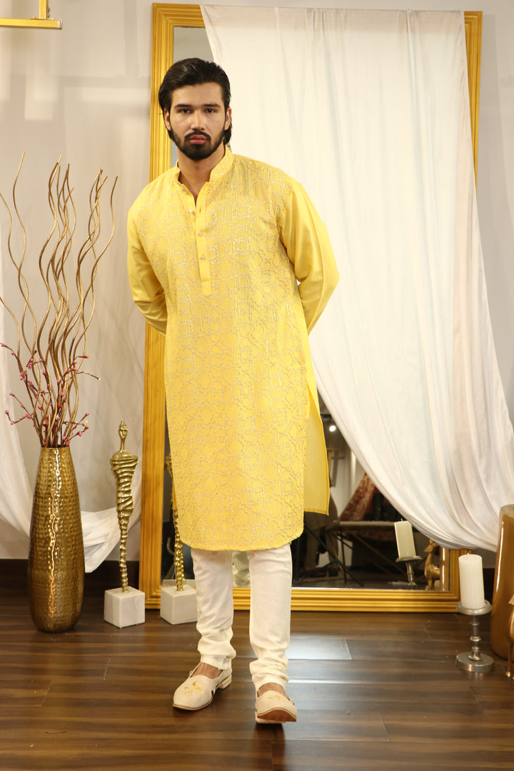 Yellow Cotton Silk Kasab Embroidery Kurta Set