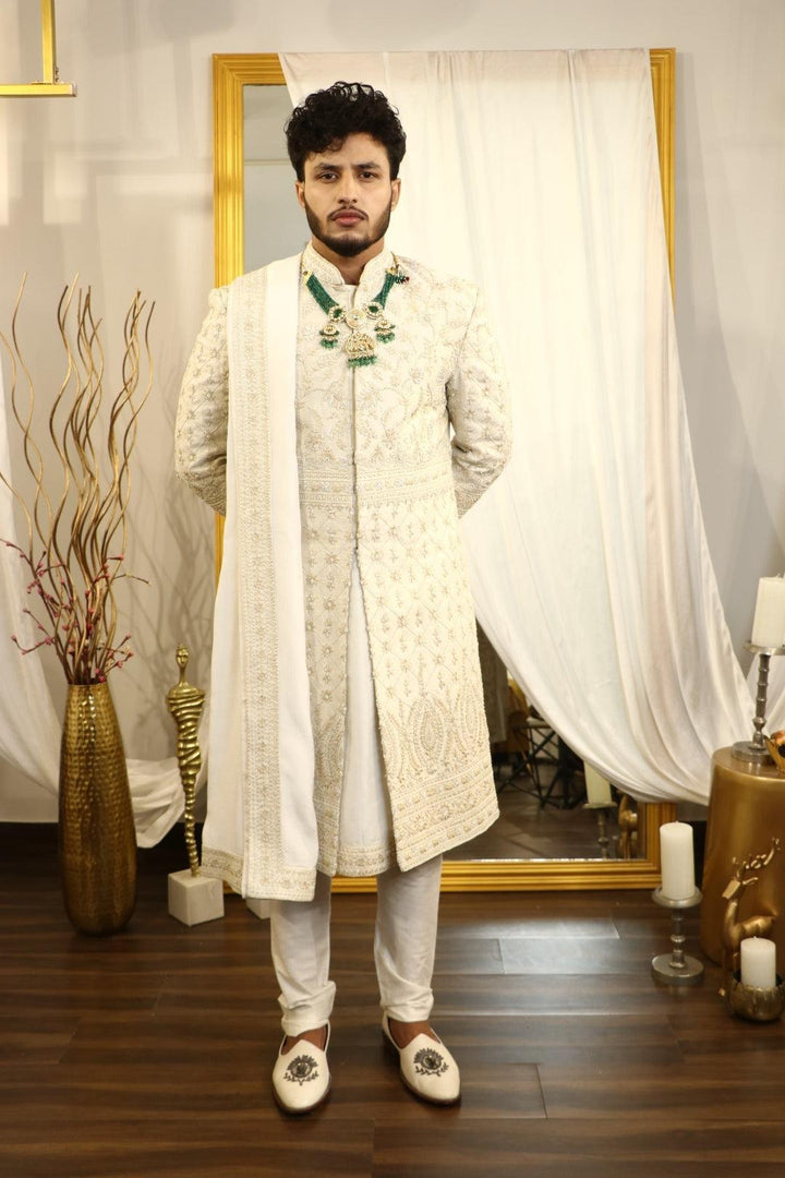 Ivory raw silk thread embroidered sherwani set