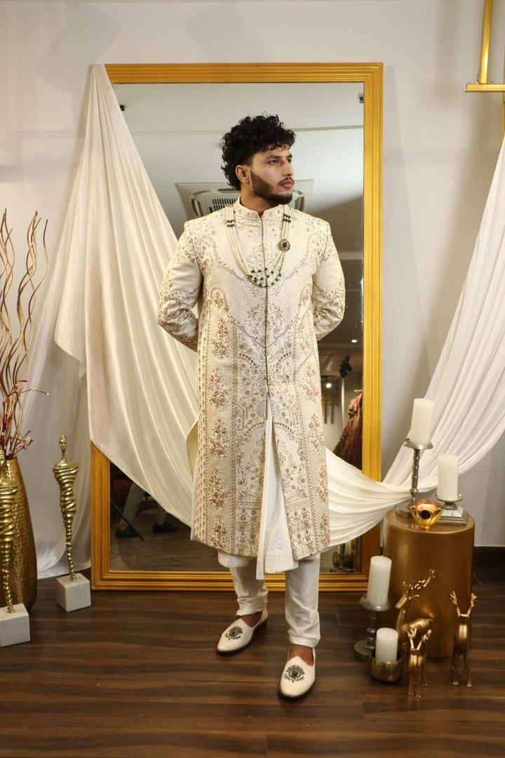 Ivory raw silk hand embroidered sherwani set