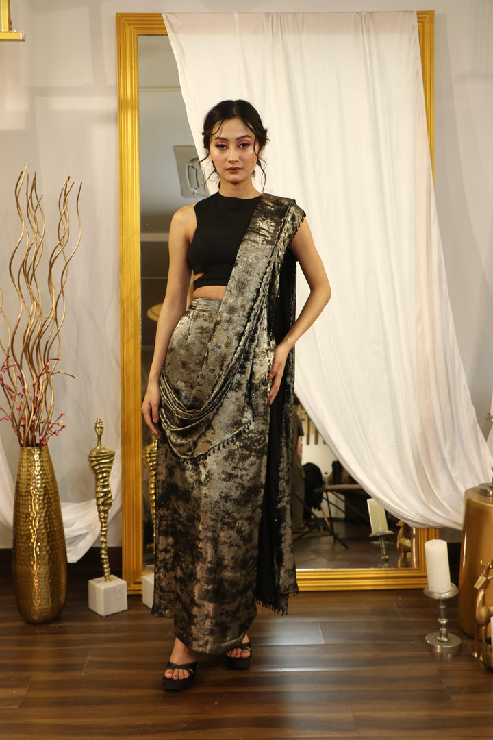 Olive Green And Black Drape Saree