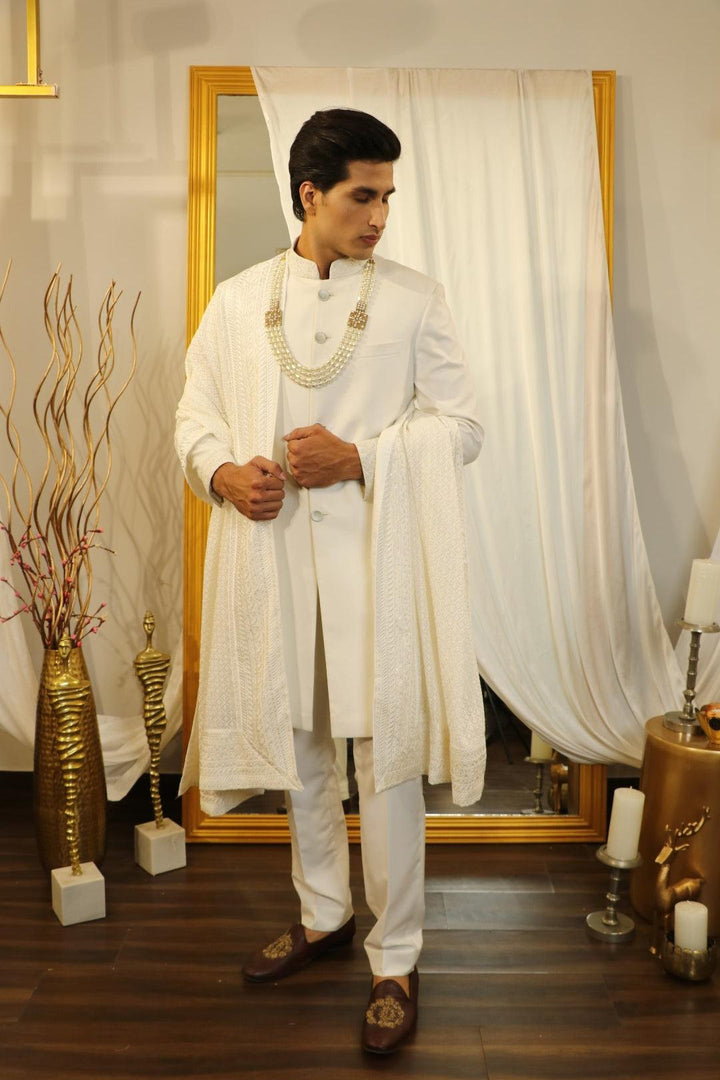 Ivory thread embroidered sherwani set