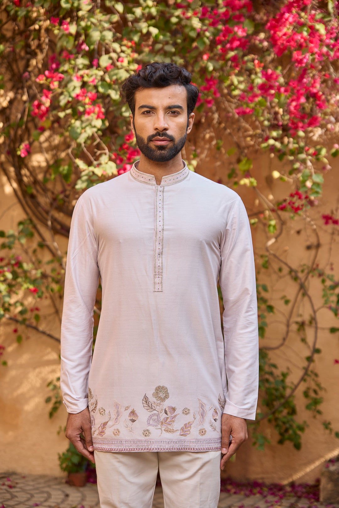 Ivory Cotton Silk Indo-Western Sherwani with Cutdana Moti Sequence Work