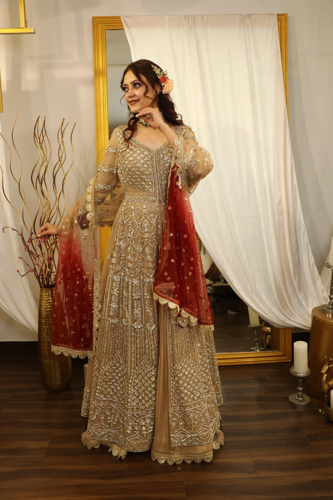 Golden zardozi hand embroidered Jacket set