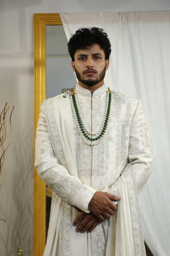 Off white raw silk french knot embroidered sherwani set