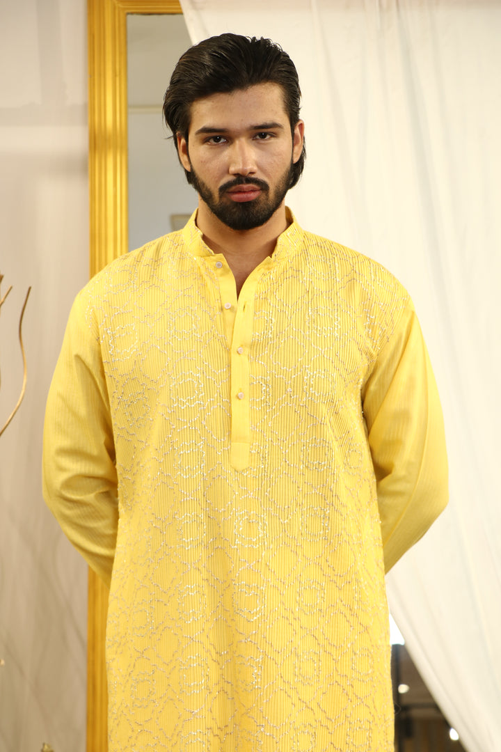 Yellow Cotton Silk Kasab Embroidery Kurta Set