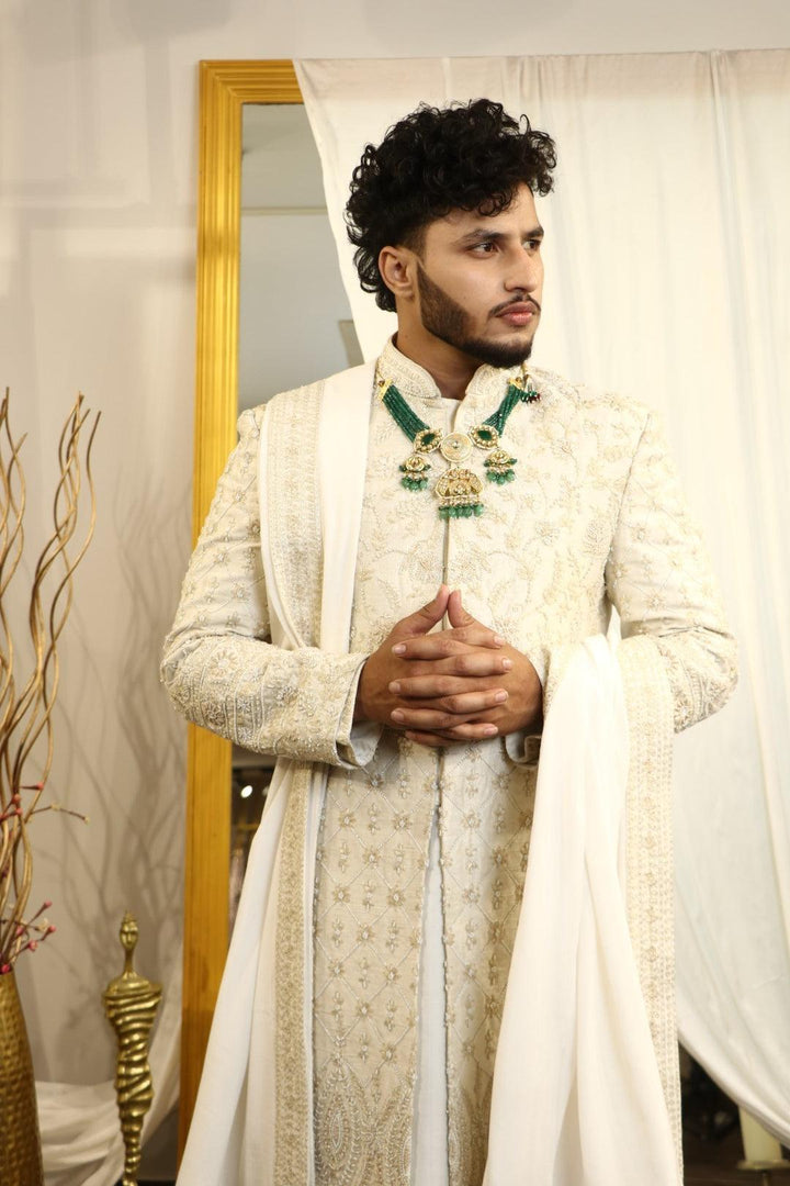 Ivory raw silk thread embroidered sherwani set