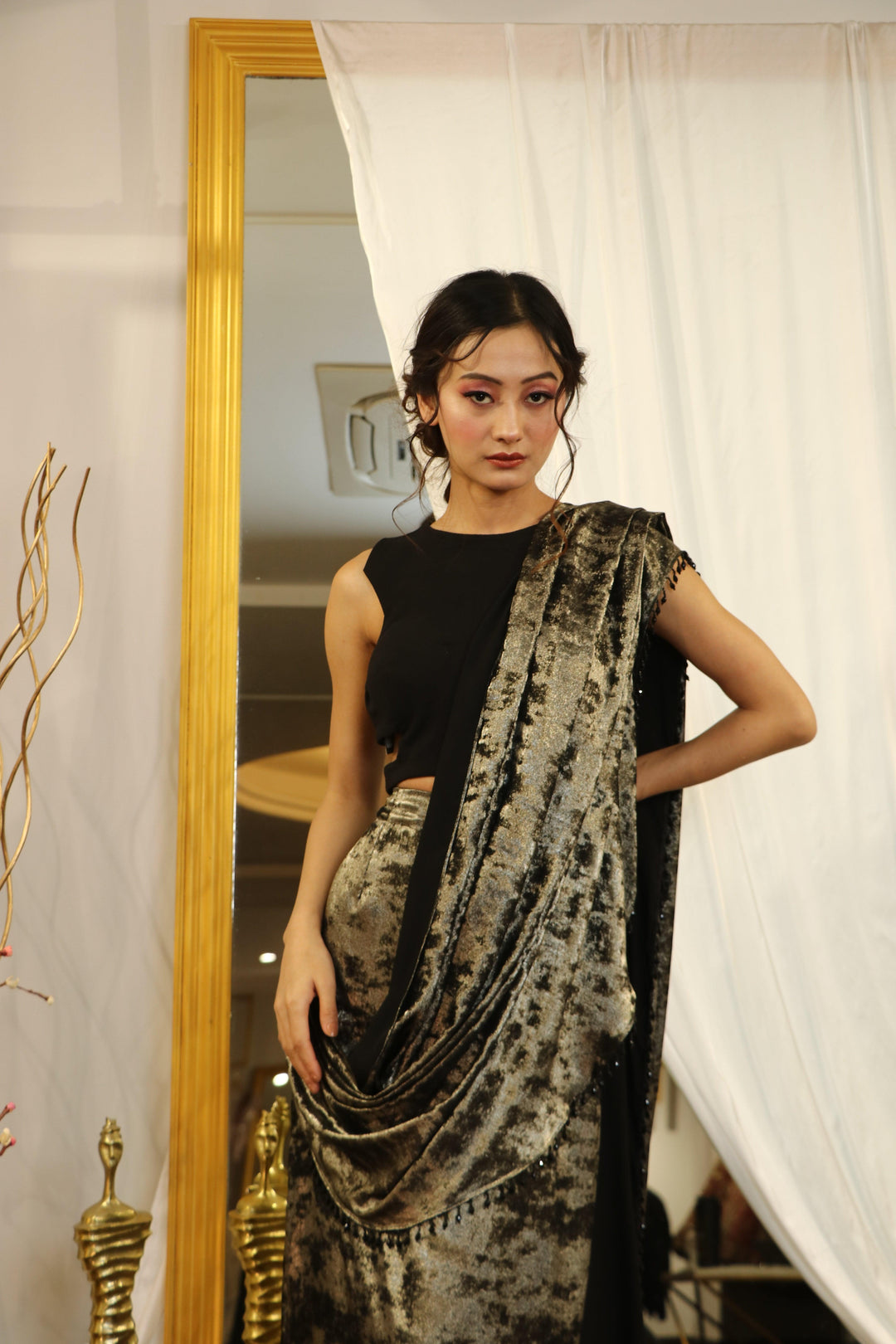 Olive Green And Black Drape Saree