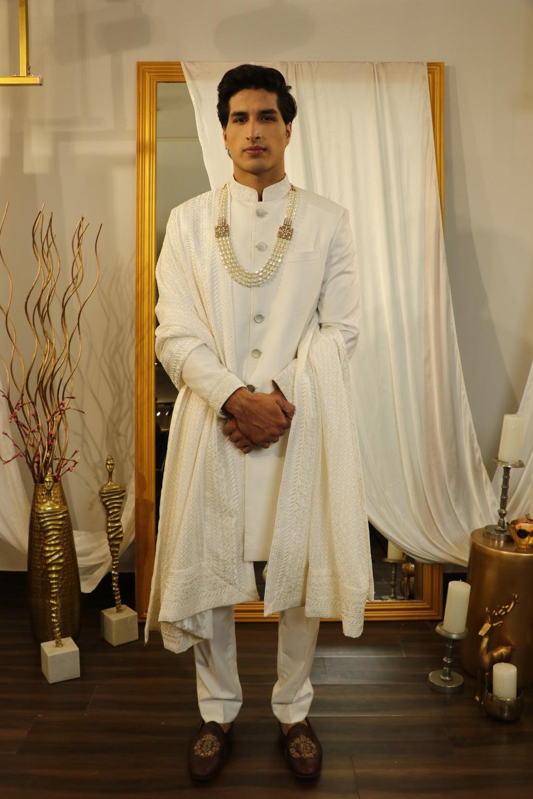 Ivory thread embroidered sherwani set