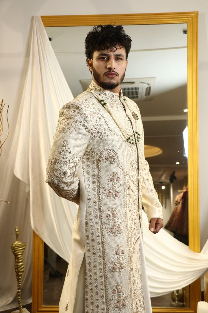 Ivory raw silk hand embroidered sherwani set