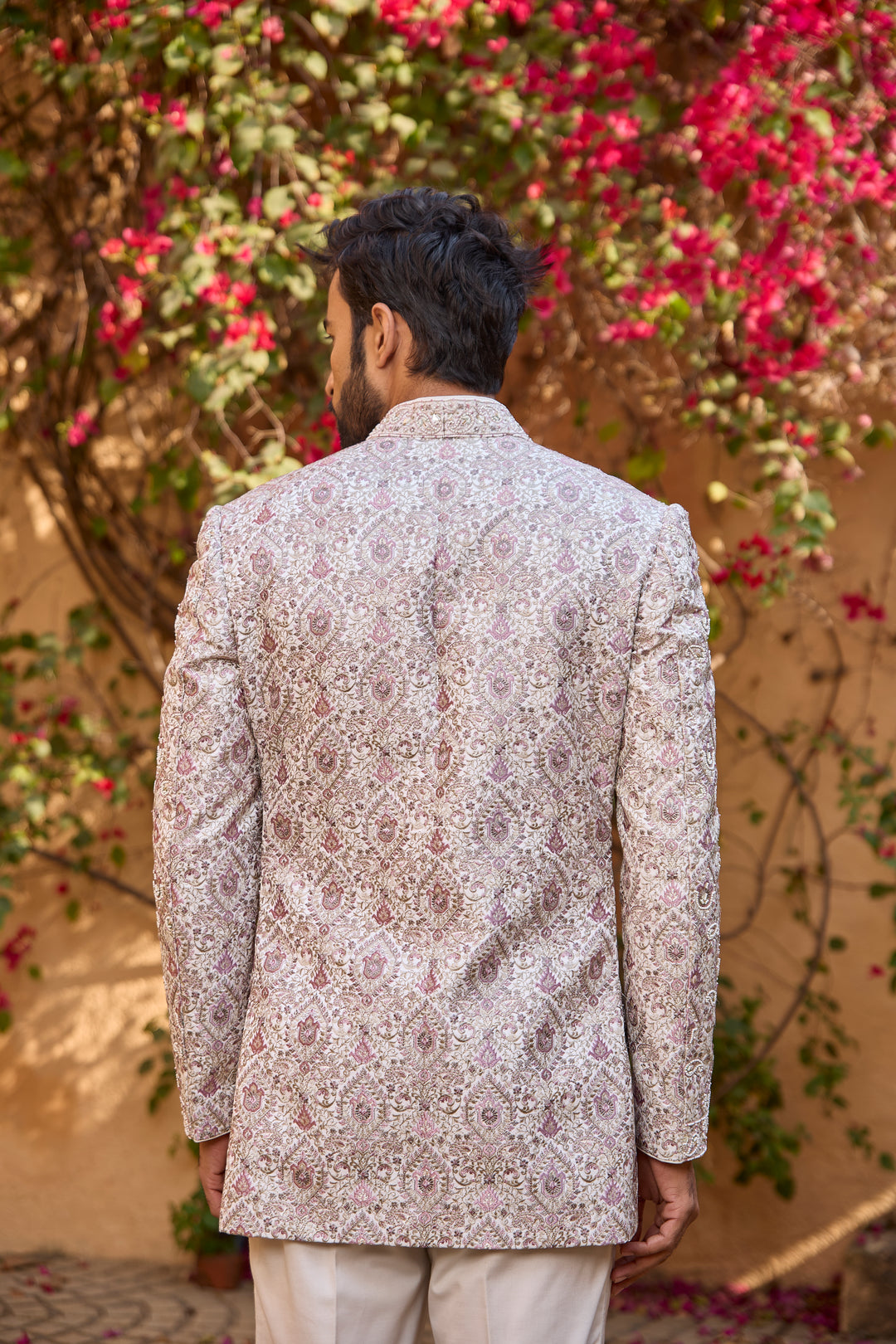 Ivory Cotton Silk Indo-Western Sherwani with Cutdana Moti Sequence Work