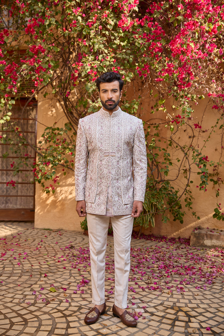 Ivory Cotton Silk Indo-Western Sherwani with Cutdana Moti Sequence Work