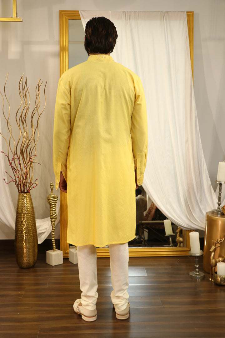 Yellow Cotton Silk Kasab Embroidery Kurta Set