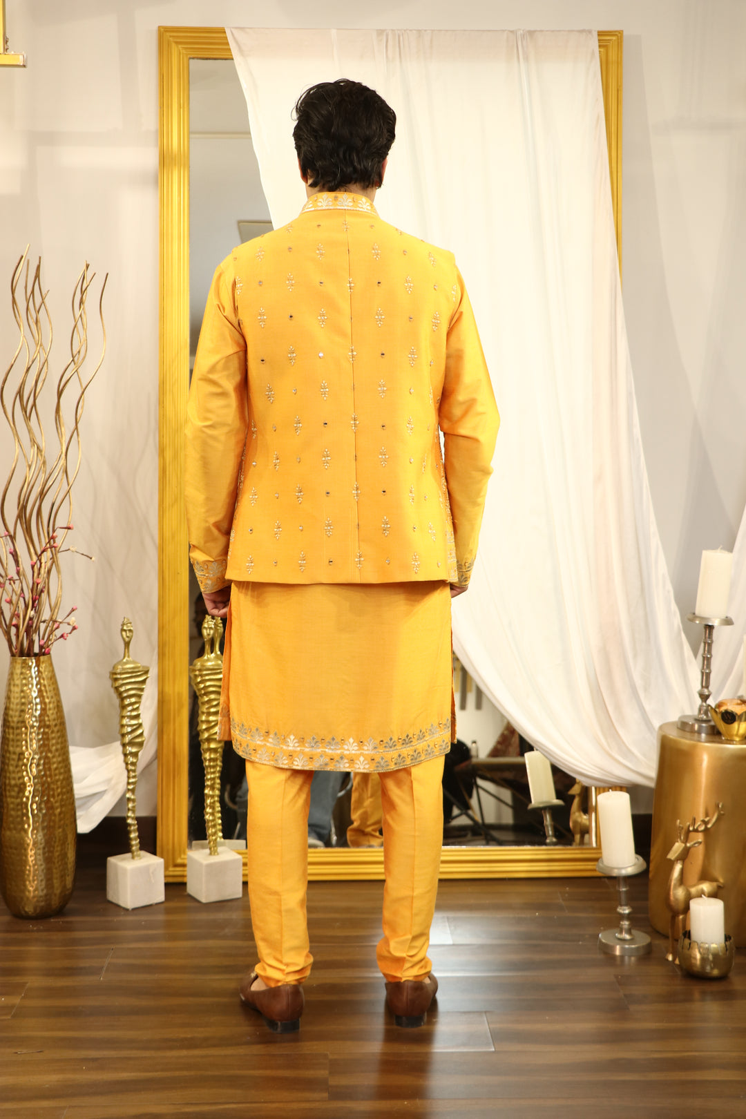 Yellow Cotton Silk Mirror Work Indo-western Set