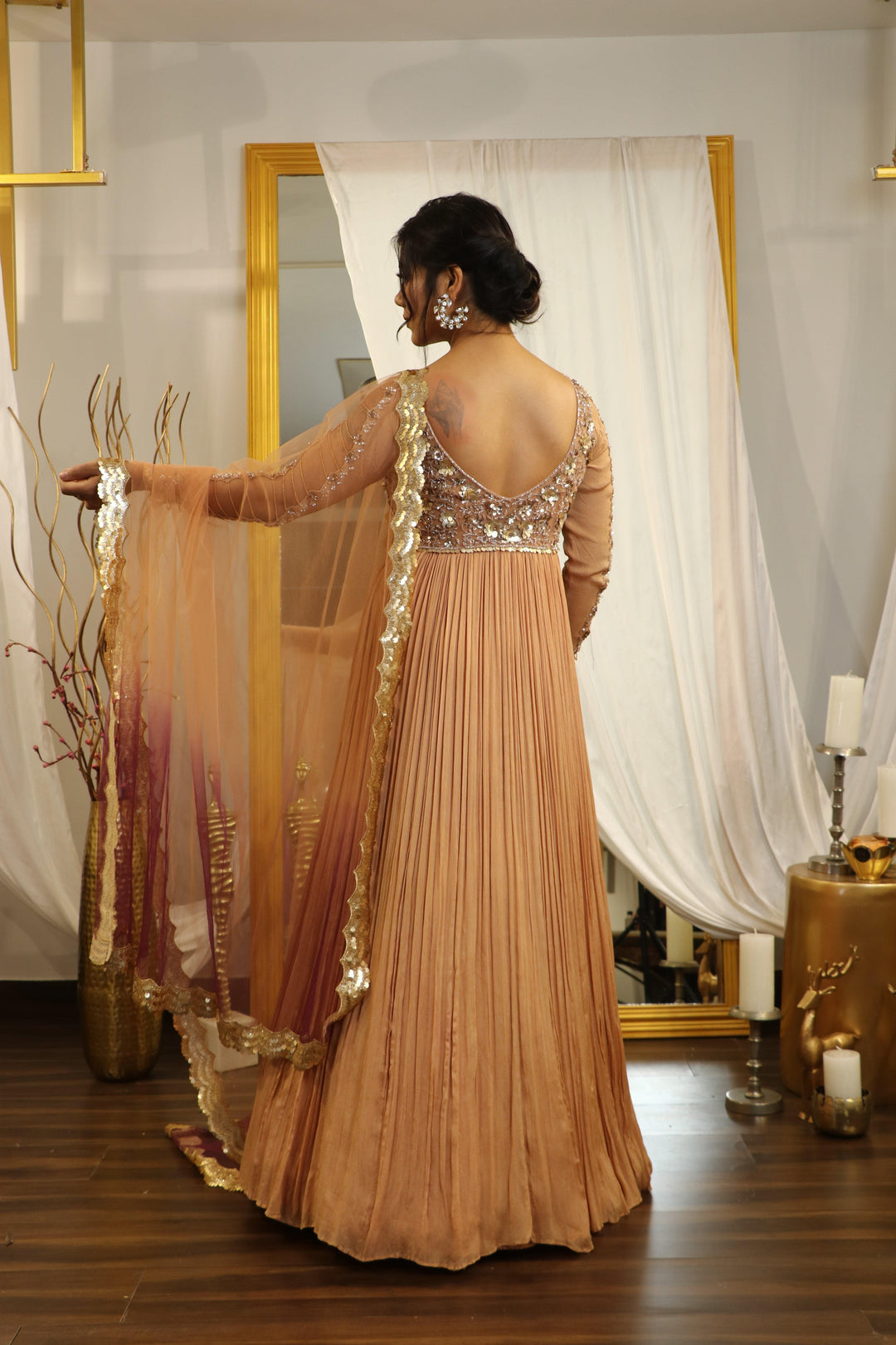 Peach Chinon Cutdana Sequence Anarkali