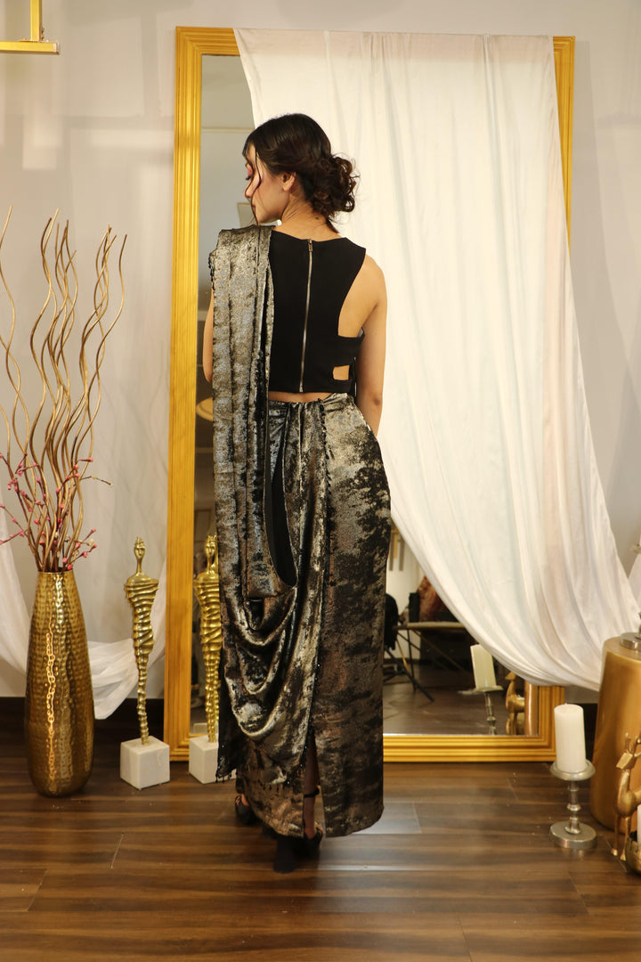 Olive Green And Black Drape Saree