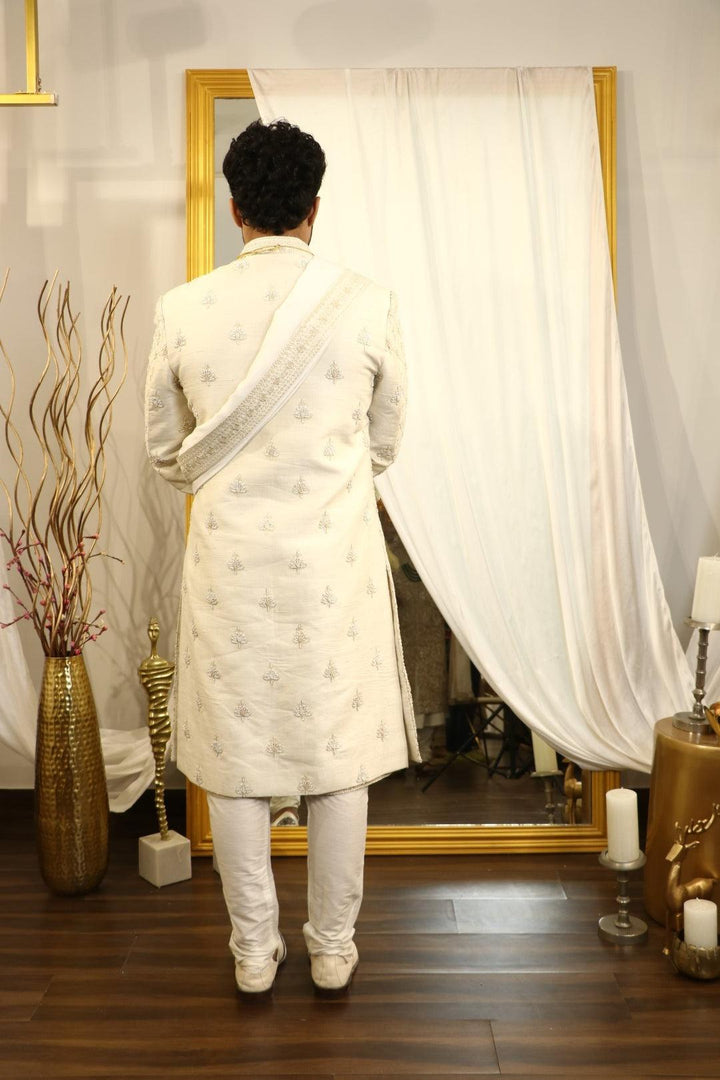 Ivory raw silk thread embroidered sherwani set