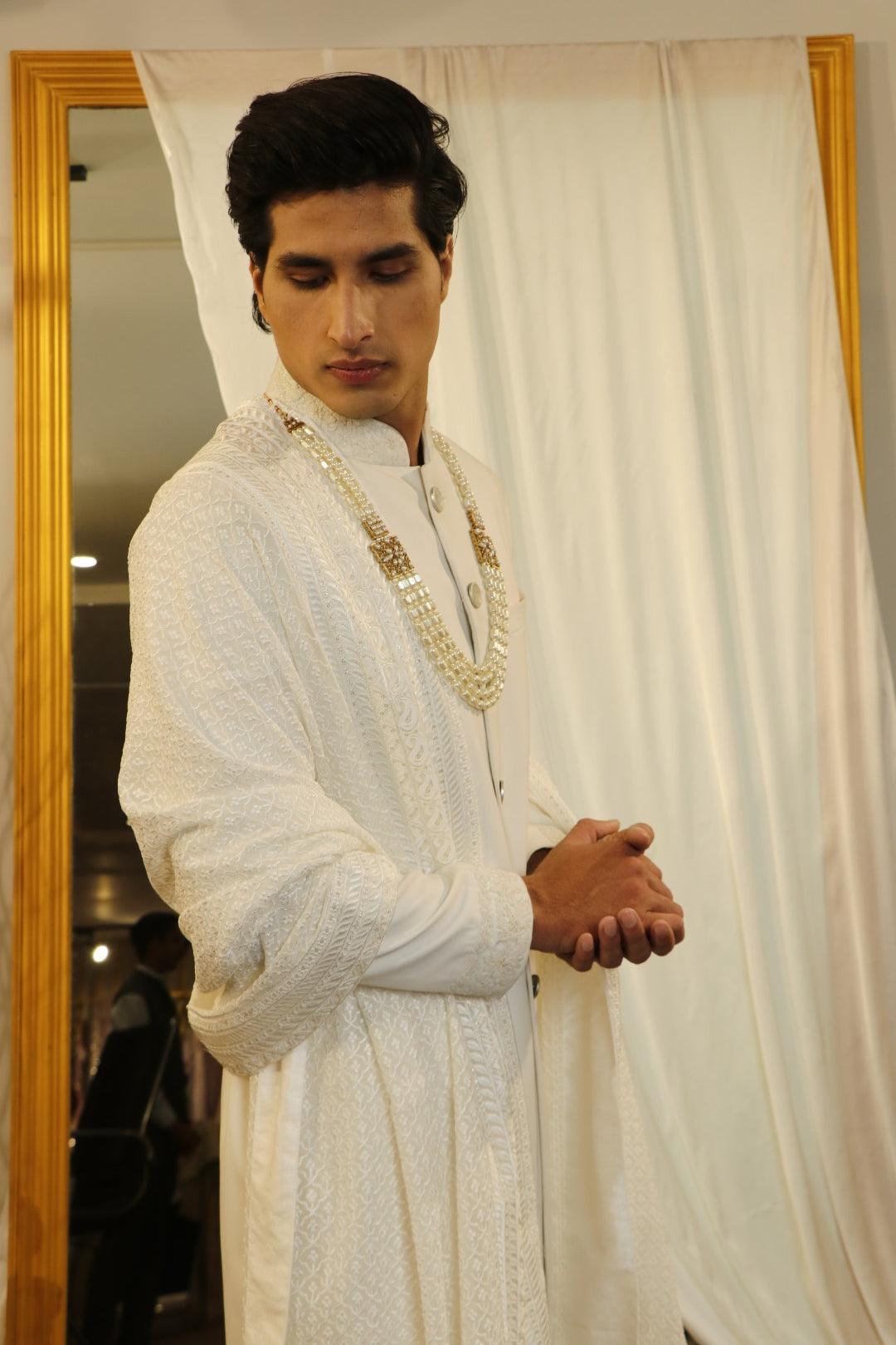 Ivory thread embroidered sherwani set