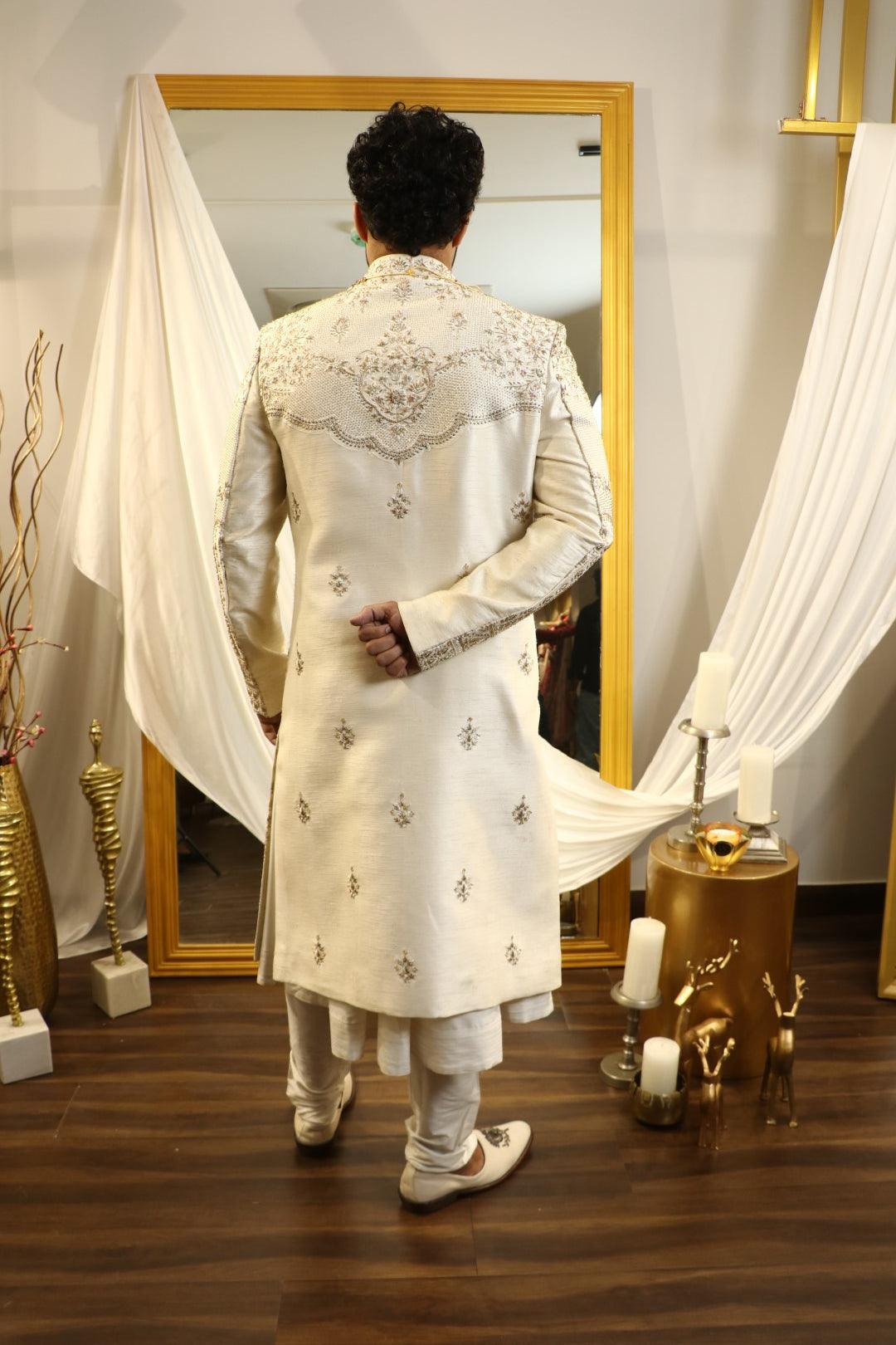 Ivory raw silk hand embroidered sherwani set