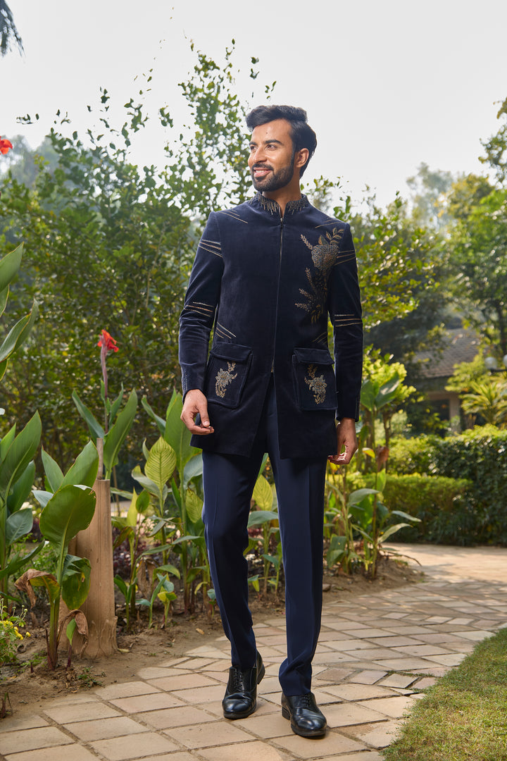 Navy Blue Velvet Indo-Western with Elegant Detailing