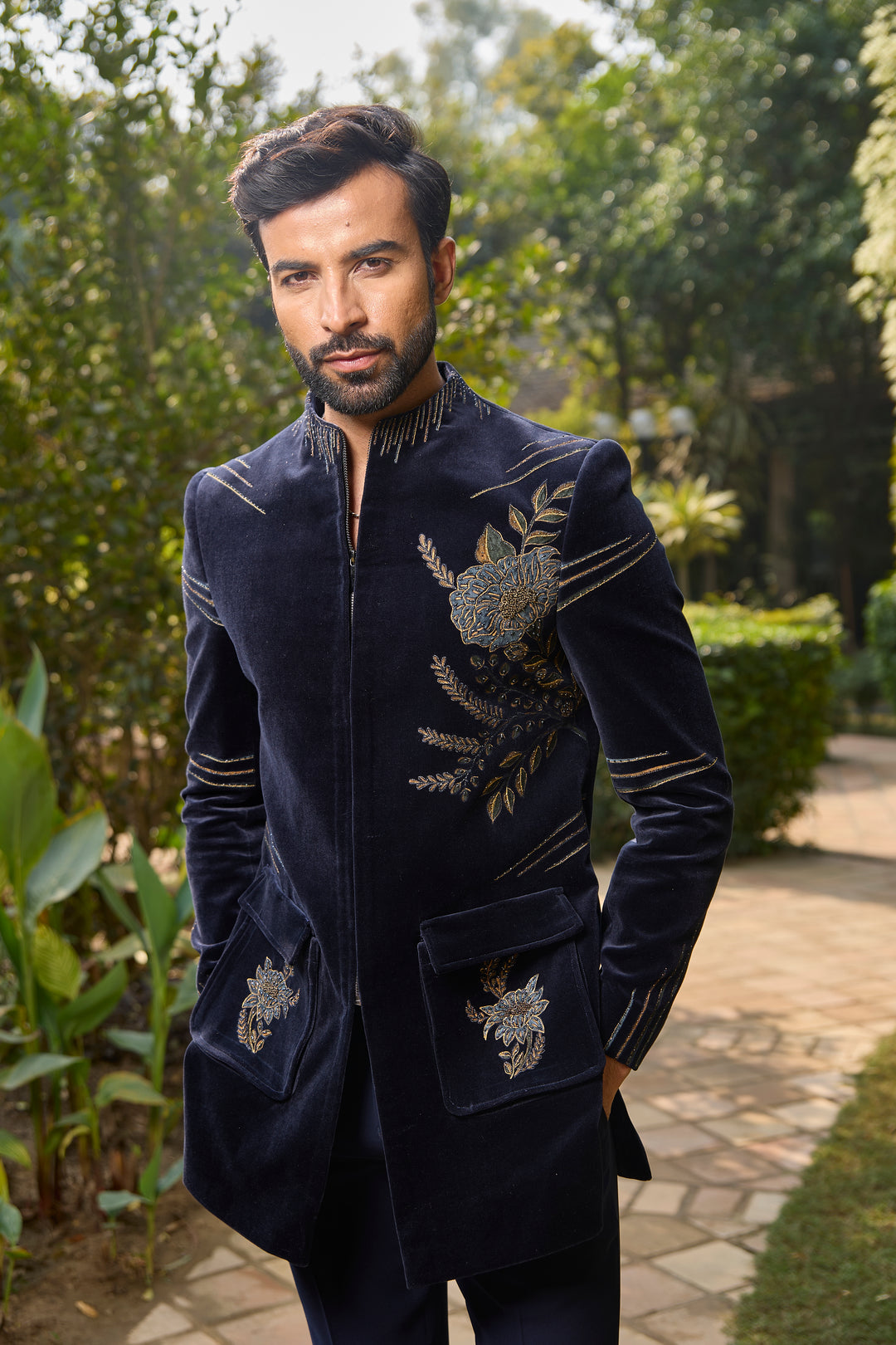 Navy Blue Velvet Indo-Western with Elegant Detailing