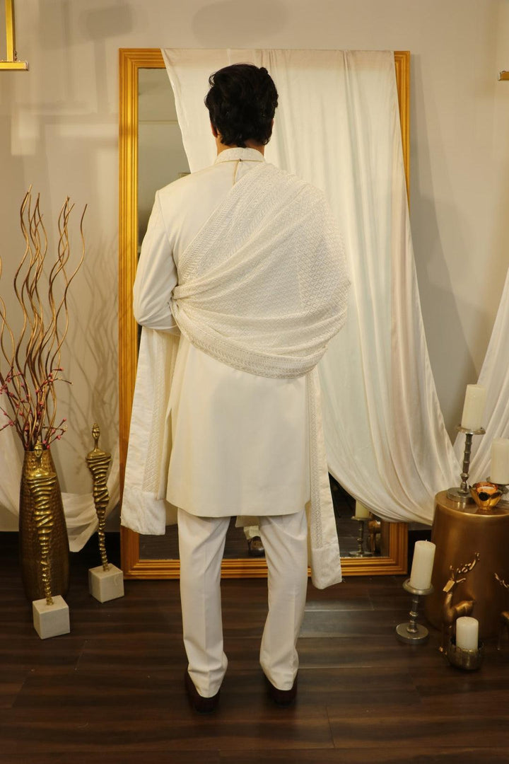 Ivory thread embroidered sherwani set