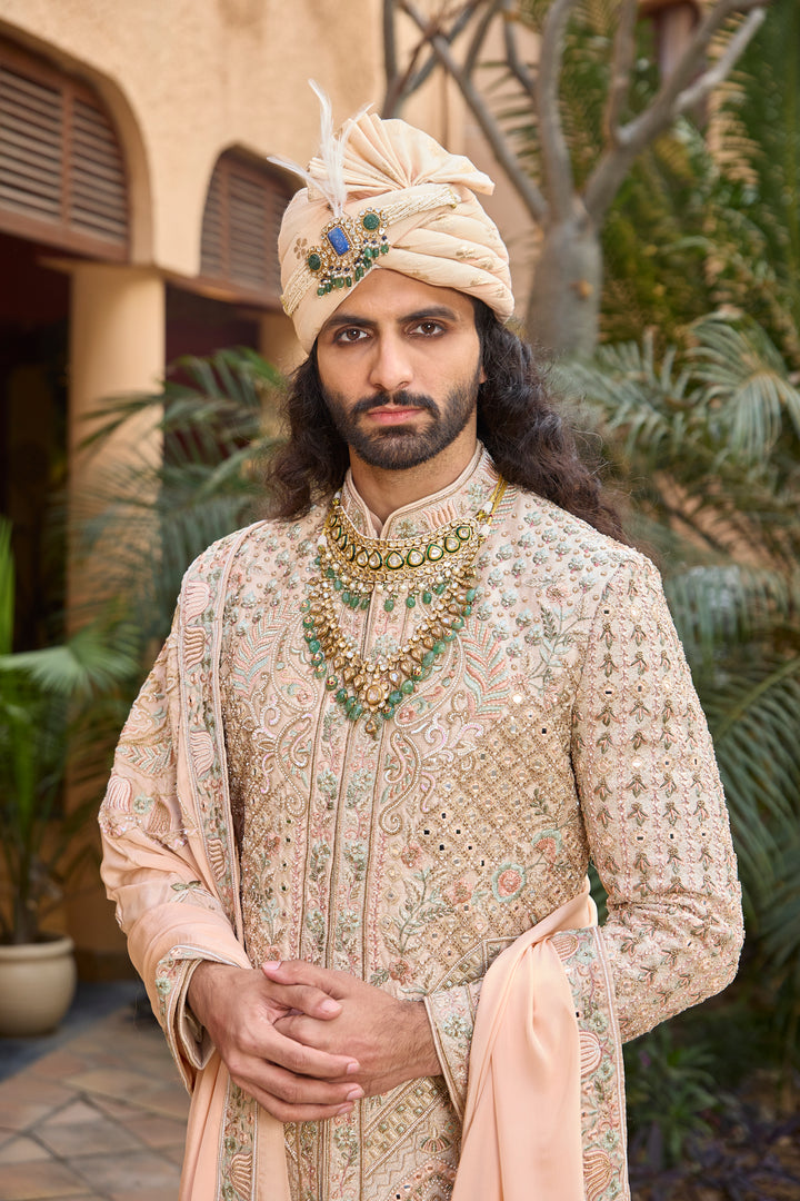 Peach Raw Silk Sherwani with Intricate Handcrafted Details