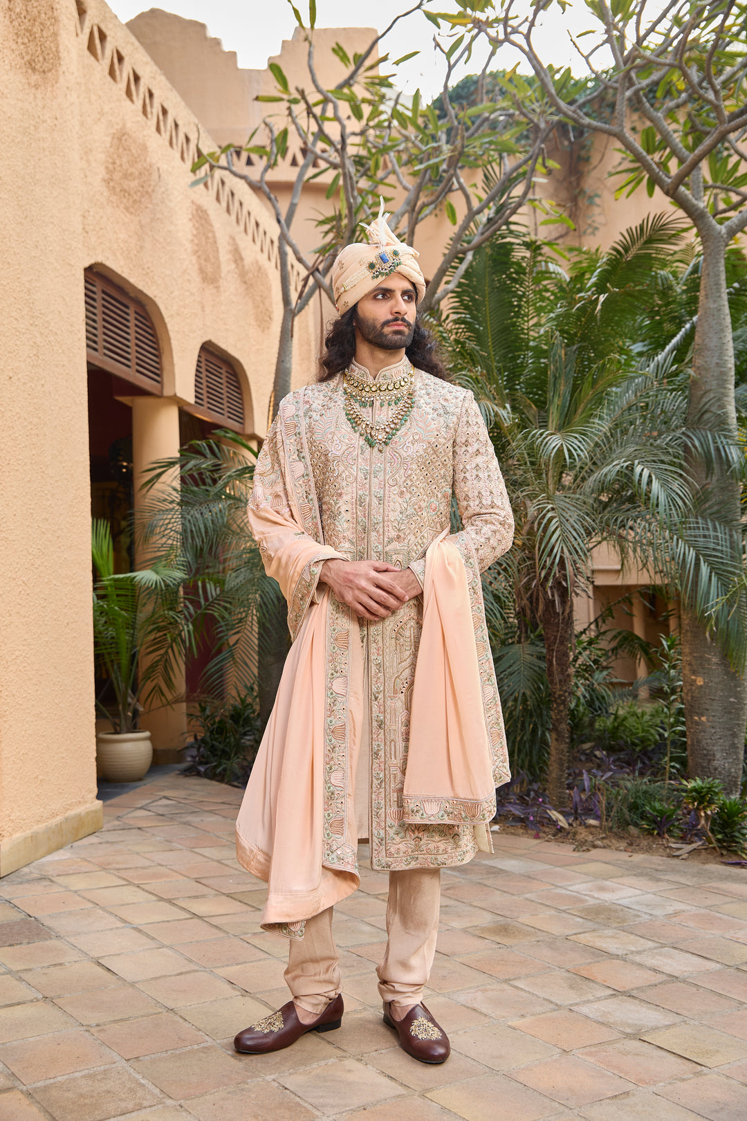 Peach Raw Silk Sherwani with Intricate Handcrafted Details