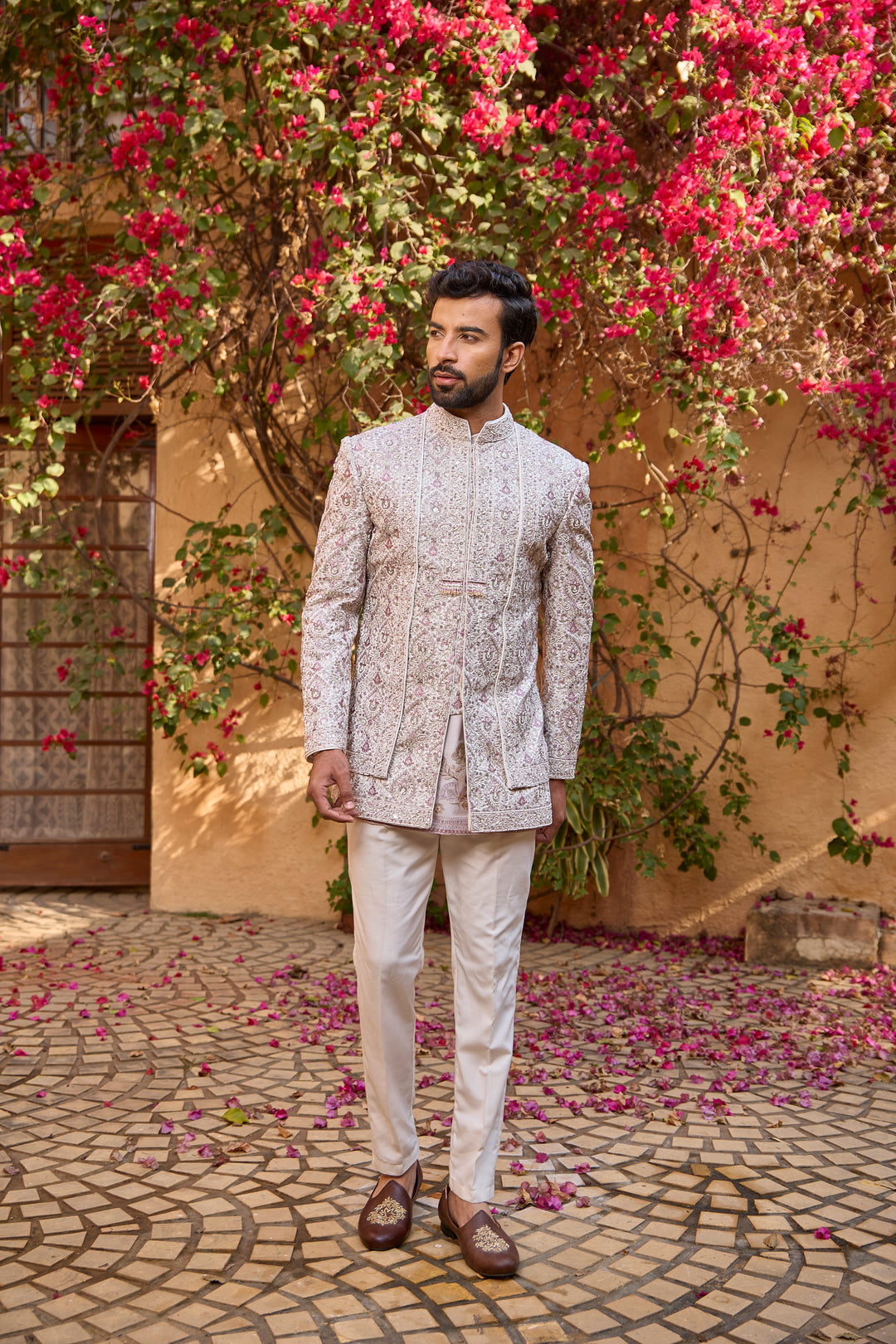 Ivory Cotton Silk Indo-Western Sherwani with Cutdana Moti Sequence Work