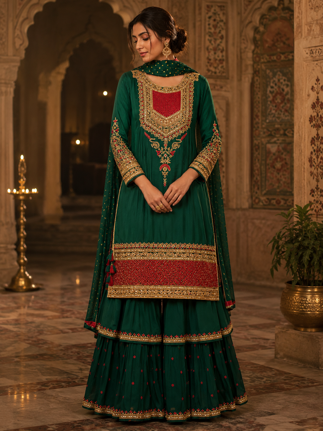 Emerald Green Embroidered Sharara Suit