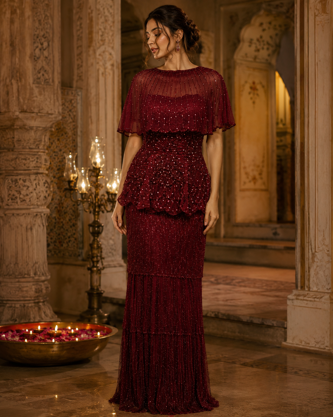 Burgundy Sequin Draped Gown