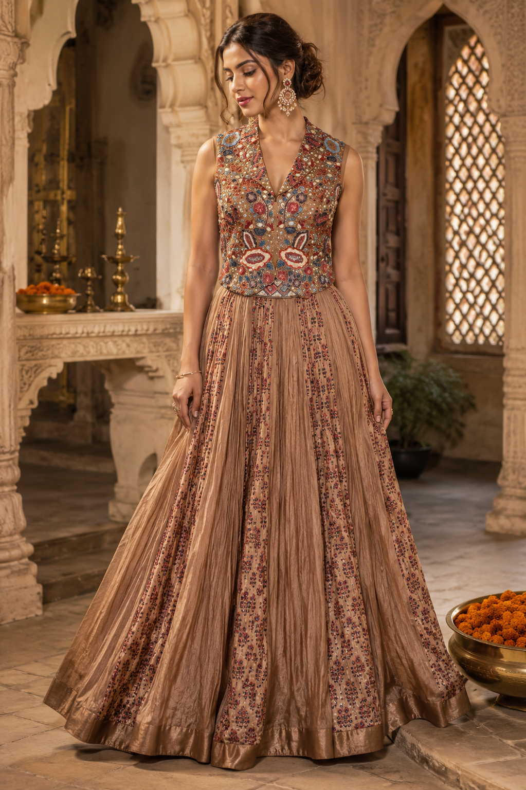 Antique Rose Embroidered Indo-Western Set