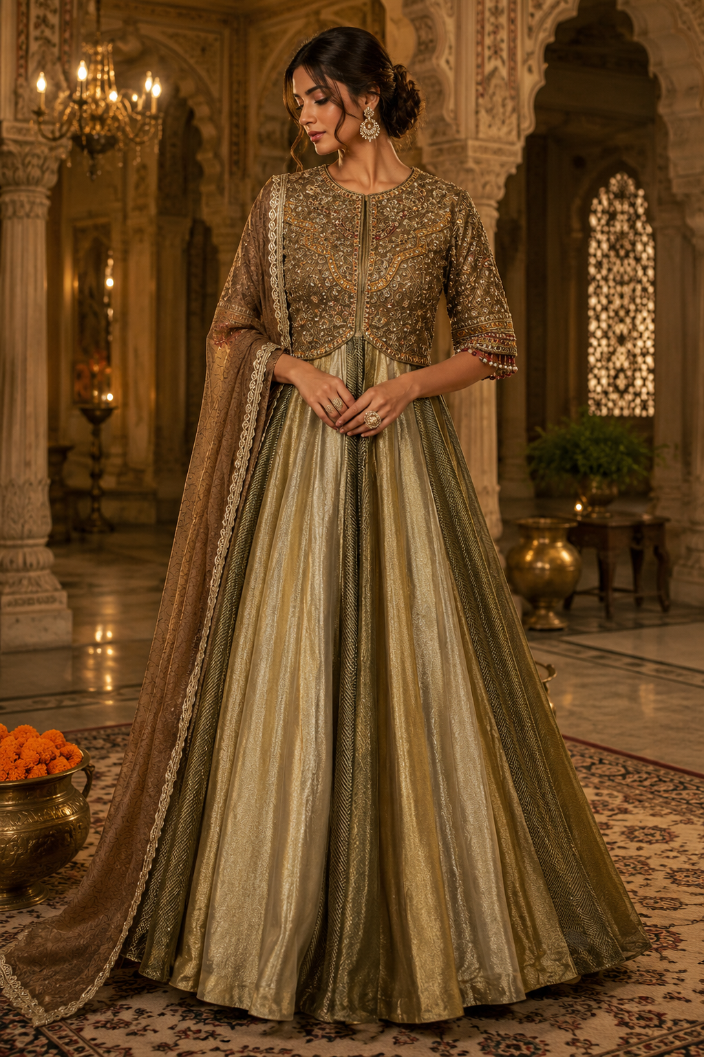 Antique Gold Embroidered Anarkali