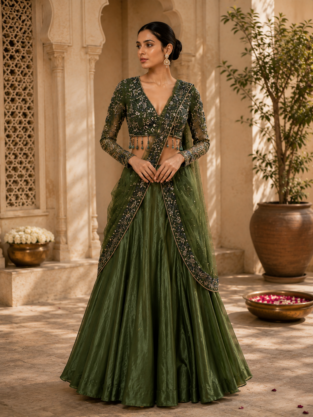 Forest Green Embellished Drape Lehenga
