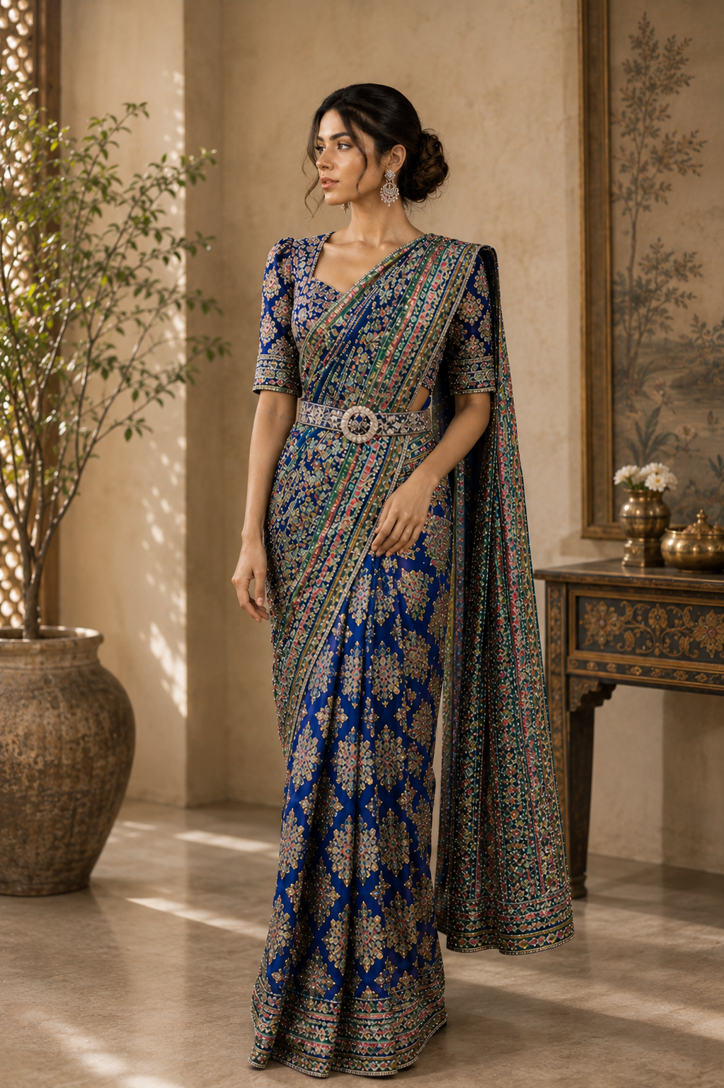 Royal Blue Floral Embroidered Saree