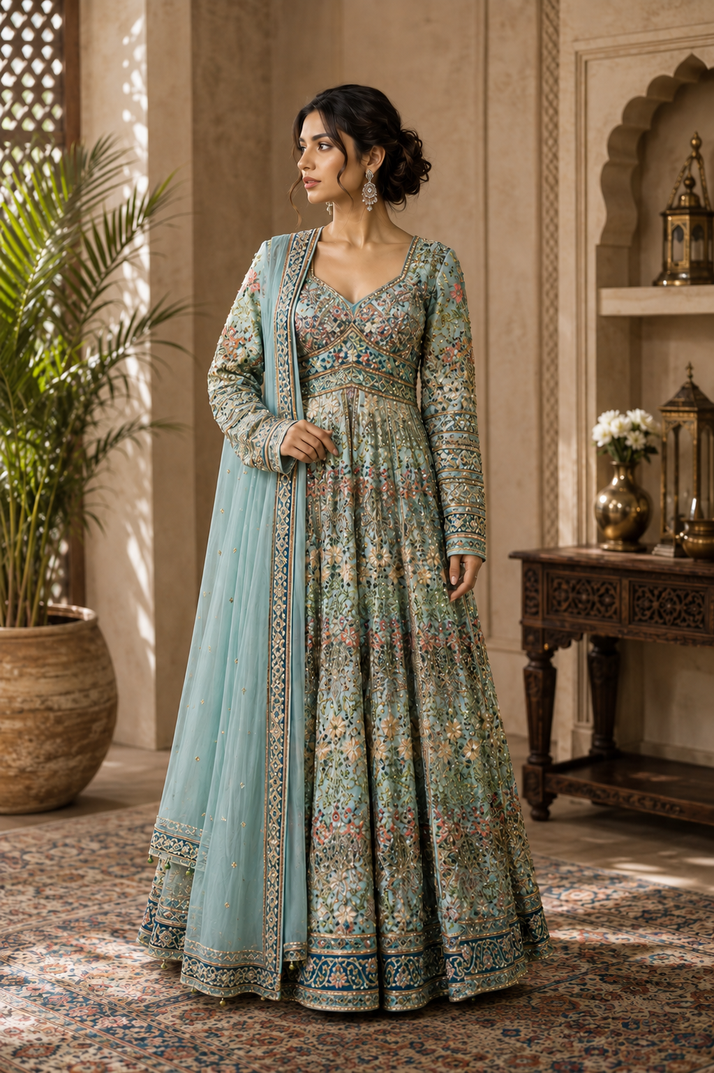Sage Blue Floral Embroidered Anarkali