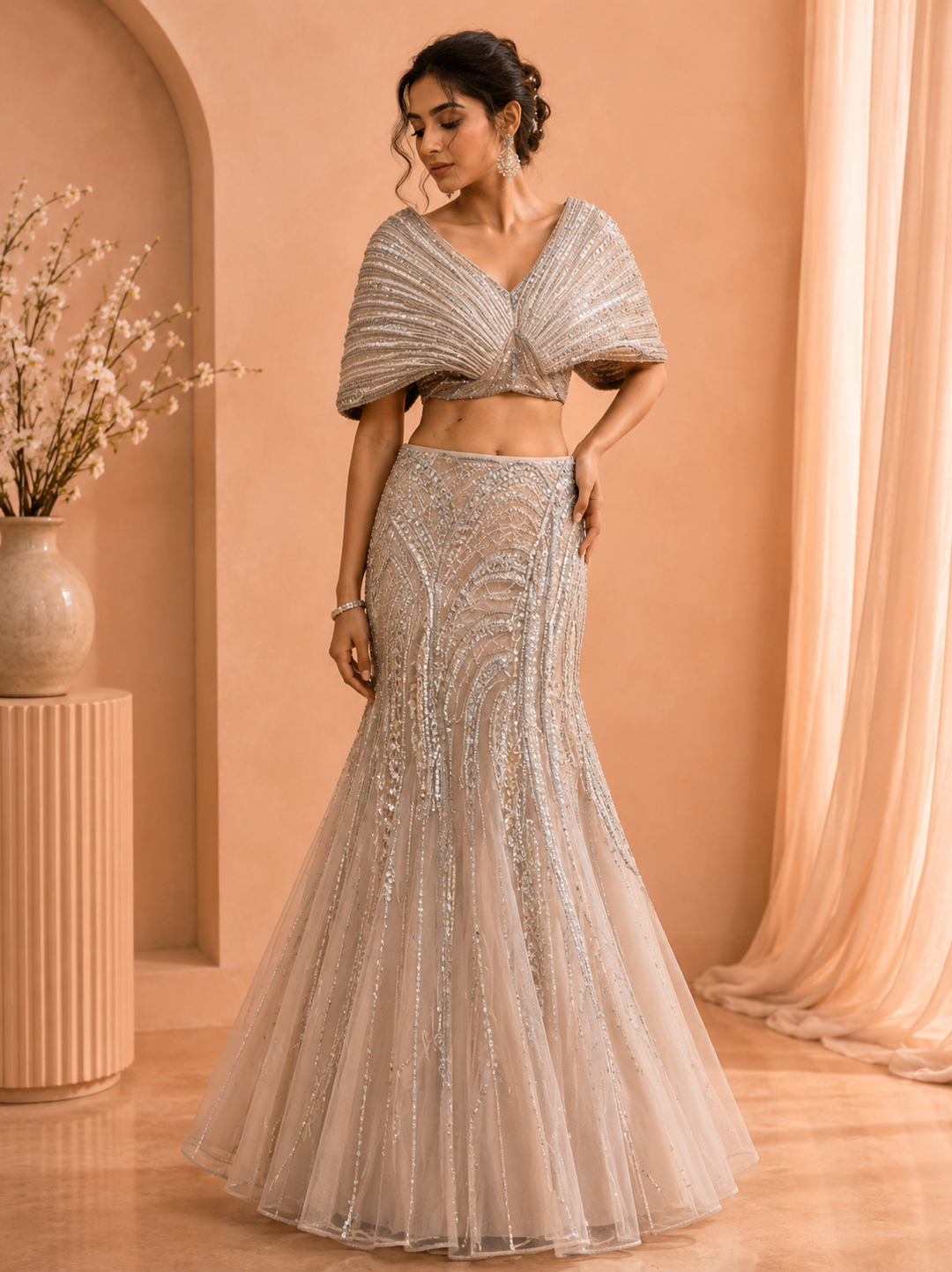 Champagne Silver Draped Lehenga