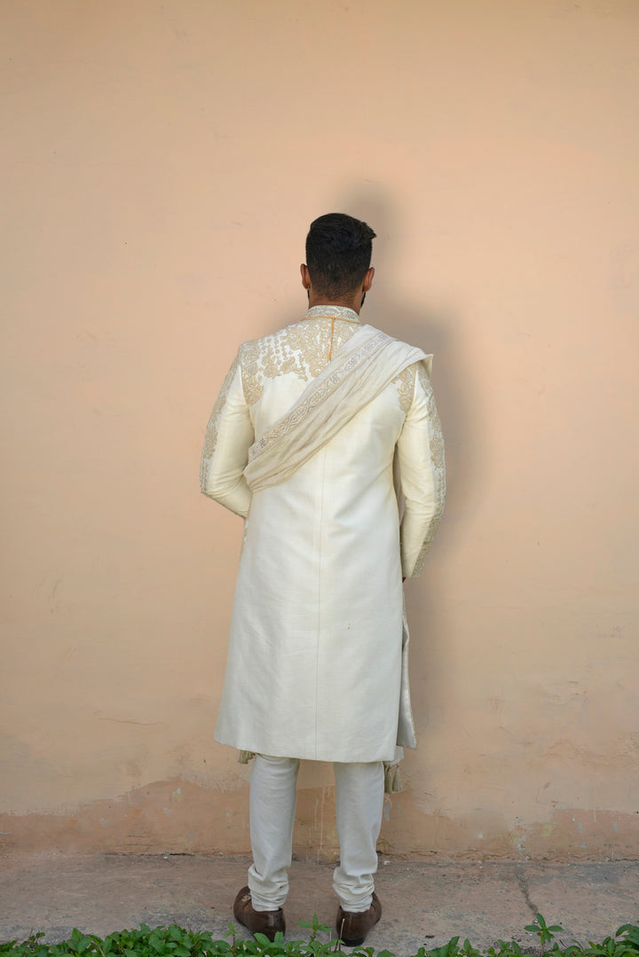 Ivory embroidered dupion silk sherwani set