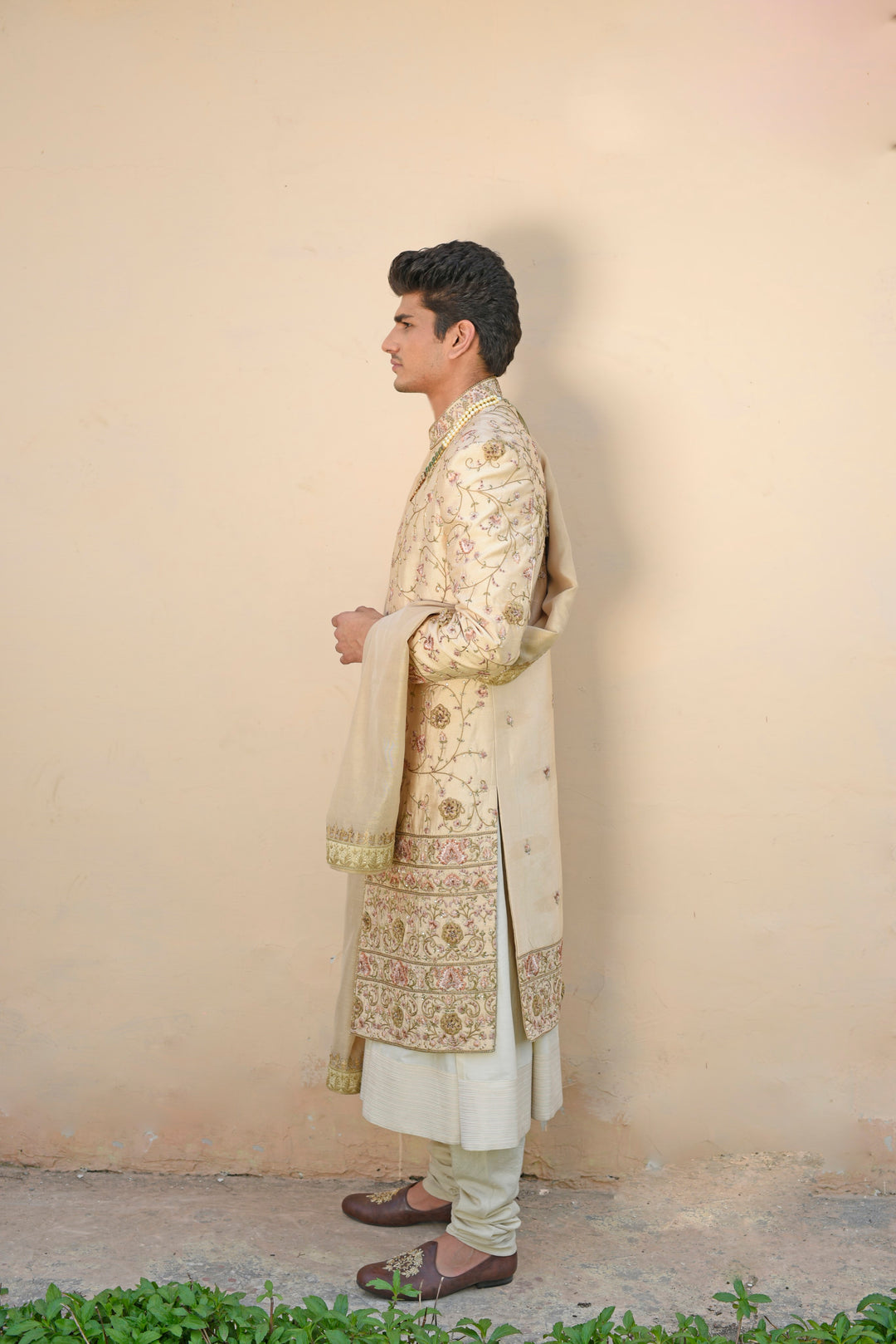 Beige embroidered dupion silk sherwani set