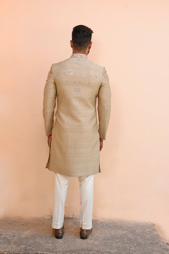 Beige silk embroidered indo-western set