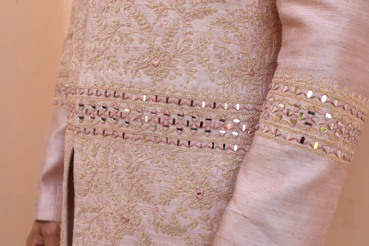 Peach embroidered raw silk indo-western set