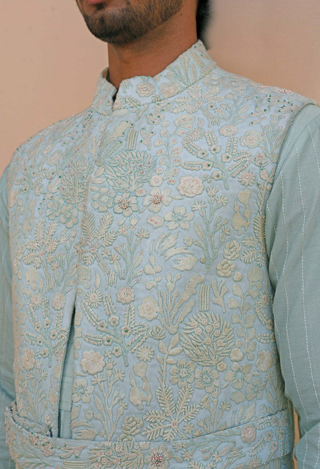 Aqua blue kurta pajama with jacket