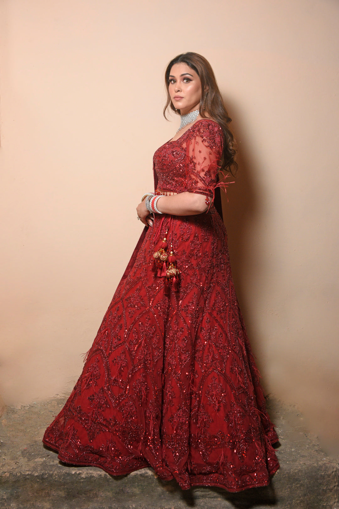 Red sequins hand-embroidered lehenga