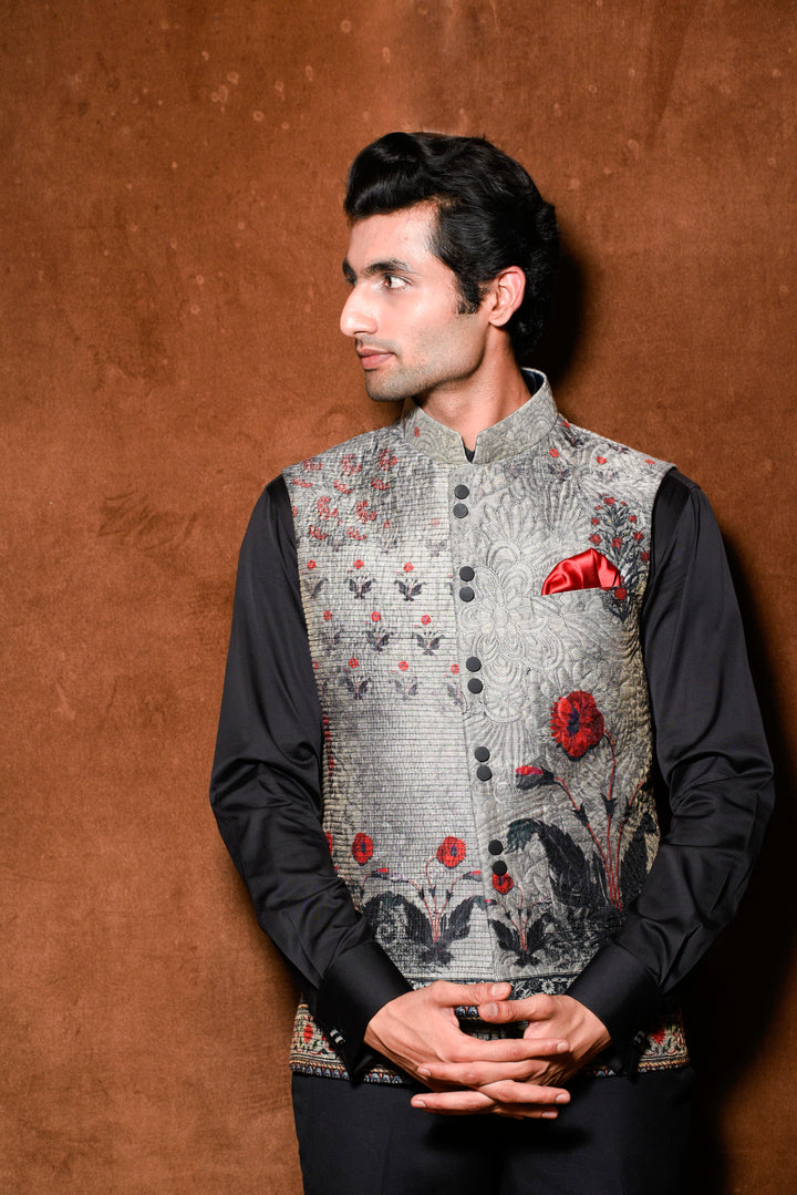 Printed Nehru waistcoat with quilting details