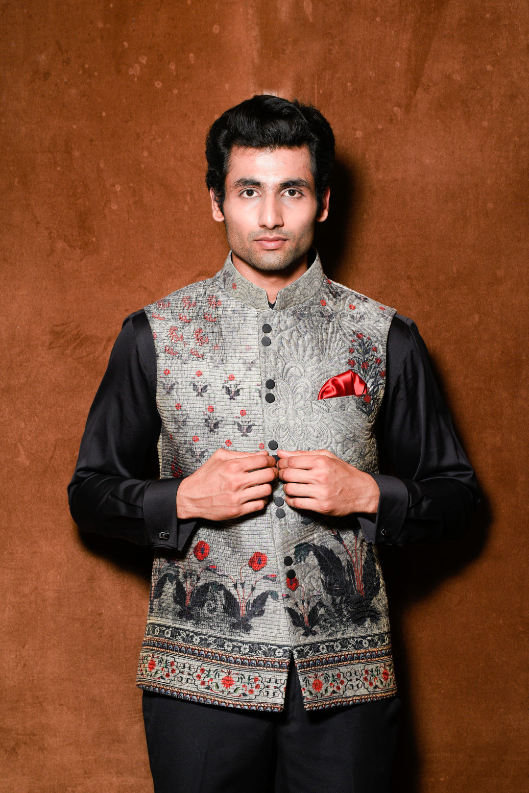 Printed Nehru waistcoat with quilting details
