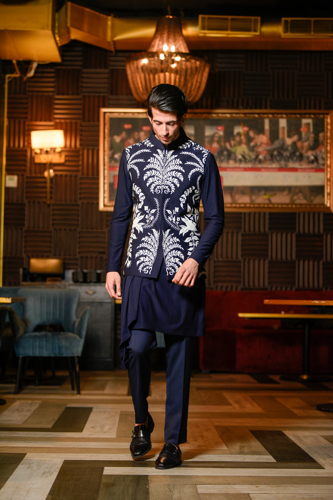 Deep blue waistcoat with drape kurta set